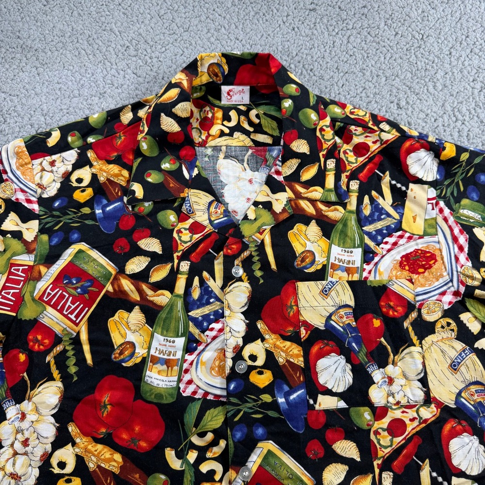 Vintage Scorpio Mens Large Italian Food Wine Pizza Pasta Cotton Camp Shirt USA